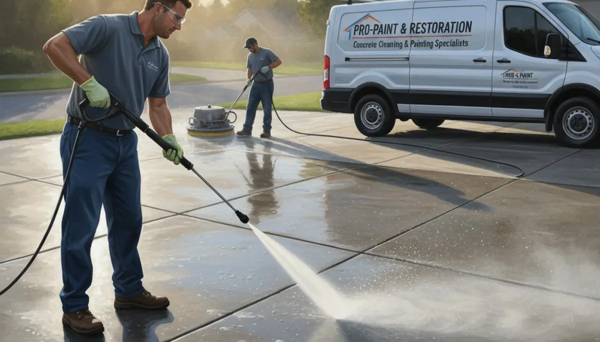 Virginia Beach Paint Pros pressure cleaning concrete driveway in Virginia Beach, VA