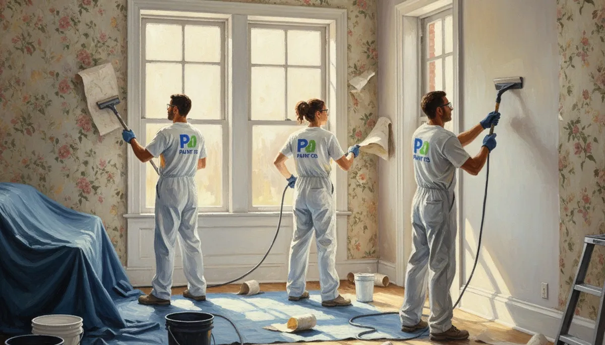 Virginia Beach, VA painters removing wallpaper and prepping walls for repainting in a coastal home