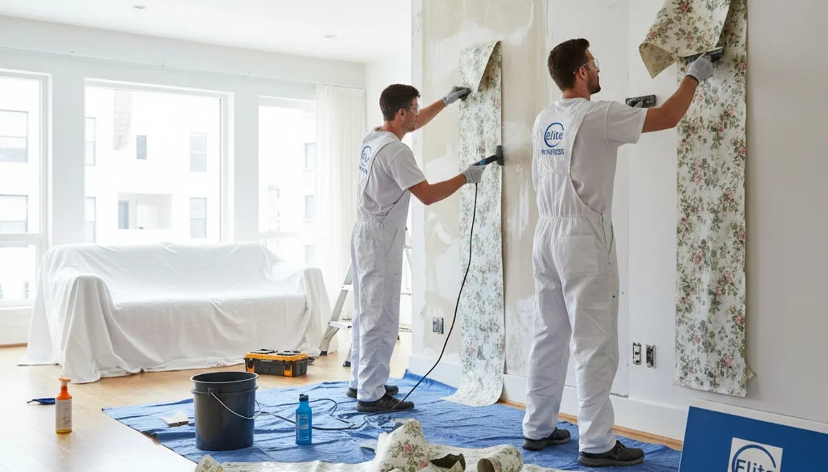 Virginia Beach, VA painters removing wallpaper and prepping walls for repainting in a coastal home
